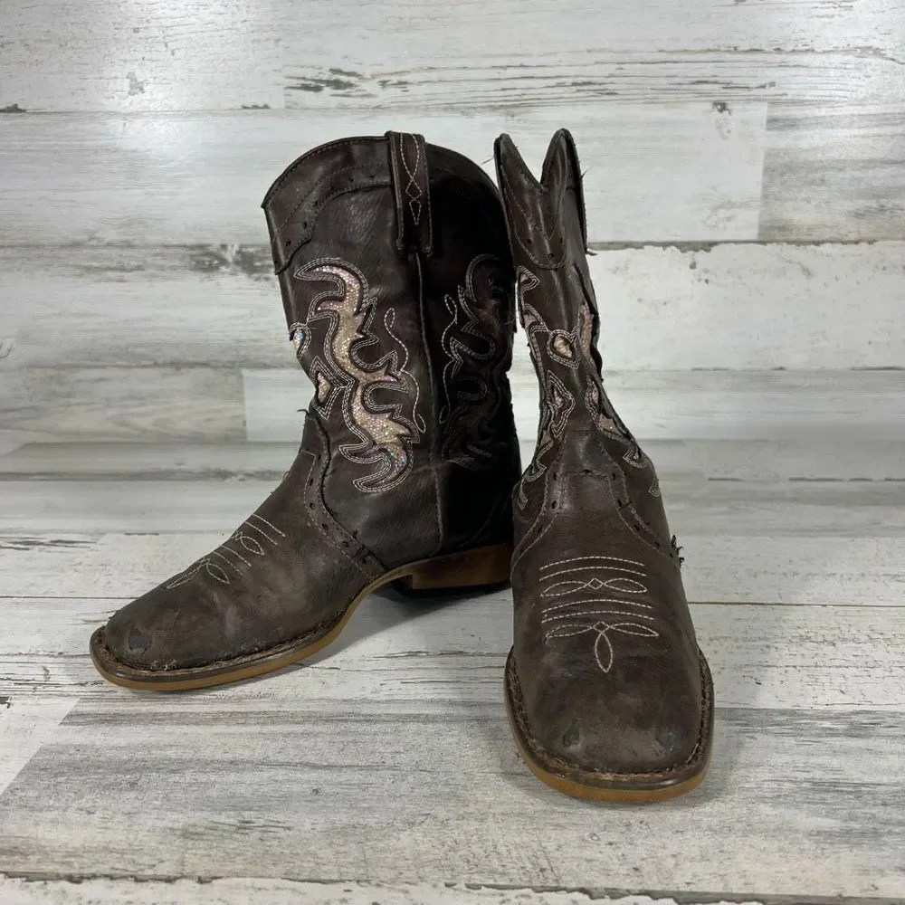 Roper Girls‎ Kids Boots Embroidered Slip On Sequin Leather Brown Size 1